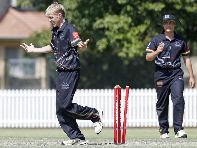 Penrith’s Archer Sproule celebrates after bowling Sutherland captain Lucas Sheehy. Picture: John Appleyard