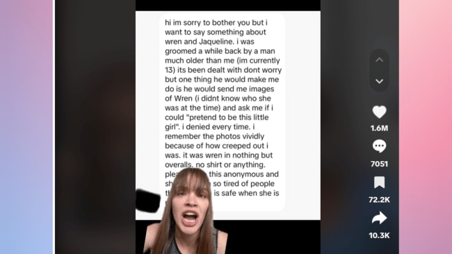 A brave 13 year old revealing she was groomed using images of Wren. Source: TikTok