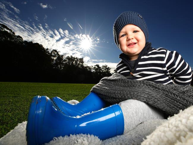 EMBARGO HOLD COURIER MAIL USE ONLY, CONTACT PICTURE DESK 2 year old Lawson Thatcher rugs up at Yandina. Photo Lachie Millard