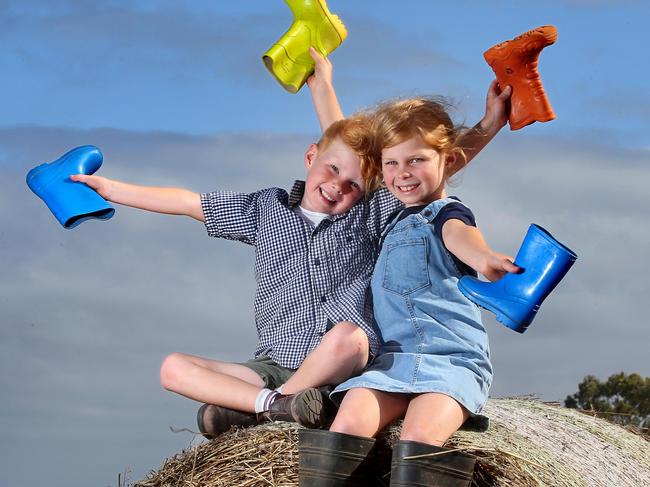 Bellarine Agricultural Show preview.Jake Toohey 6yrs and his sister Isabel Toohey 8yrs (Pt Lonsdale) practicing for the Gum Boot toss competition at the show.picture: Glenn Ferguson