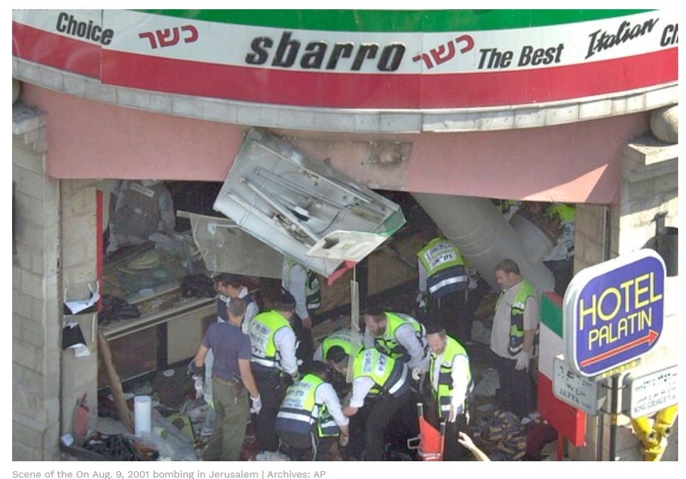 The bombing destroyed the Sbarro pizzeria, throwing victims into the streets.