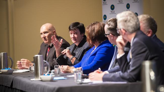 Panellists at the luncheon, from left, Michael Bailey, Jennifer Westacott, Frances Bender, Alan Joyce, Mike Grainger and MC David Speers. Picture: RICHARD JUPE