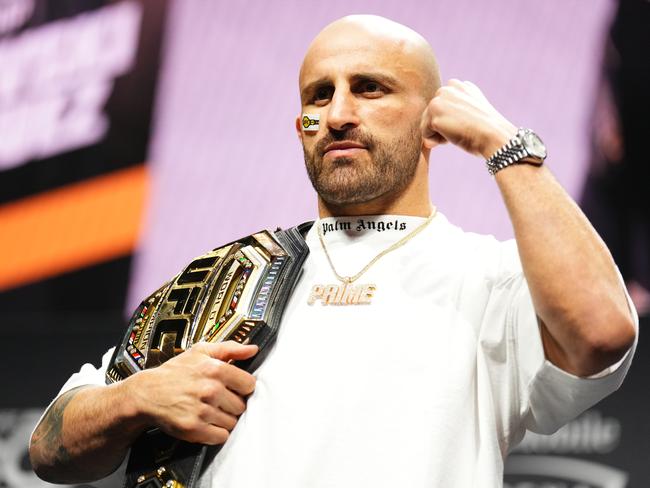 LAS VEGAS, NEVADA - JULY 06: Alexander Volkanovski of Australia is seen on stage during the UFC 290 press conference at T-Mobile Arena on July 06, 2023 in Las Vegas, Nevada. (Photo by Chris Unger/Zuffa LLC via Getty Images)