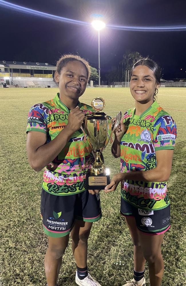 Cairns Wanderers star duo Bulou Alesi Lutumailagi and Jaeda Morato celebrating the minor premiership in 2024.