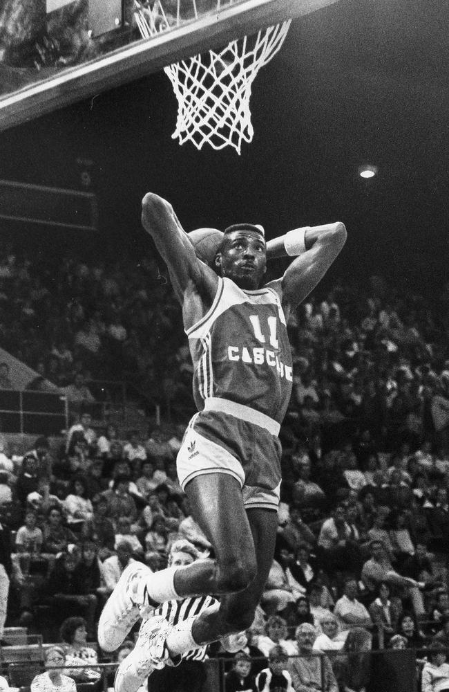 Jumpin Joe Hurst slamming down one of his trademark dunks.