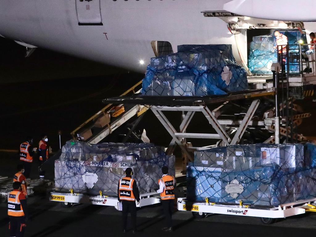 A batch of 300,000 doses of Chinese Sinopharm laboratory vaccines arrive in Lima, Peru. Picture: AFP/Peruvian Presidency/Luis Iparraguire