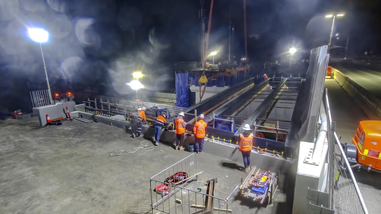 Massive SA-made girders have been craned into position to wide the Majors Rd bridge over the Southern Expressway near O'Halloran Hill from two lanes to six. Picture: Supplied