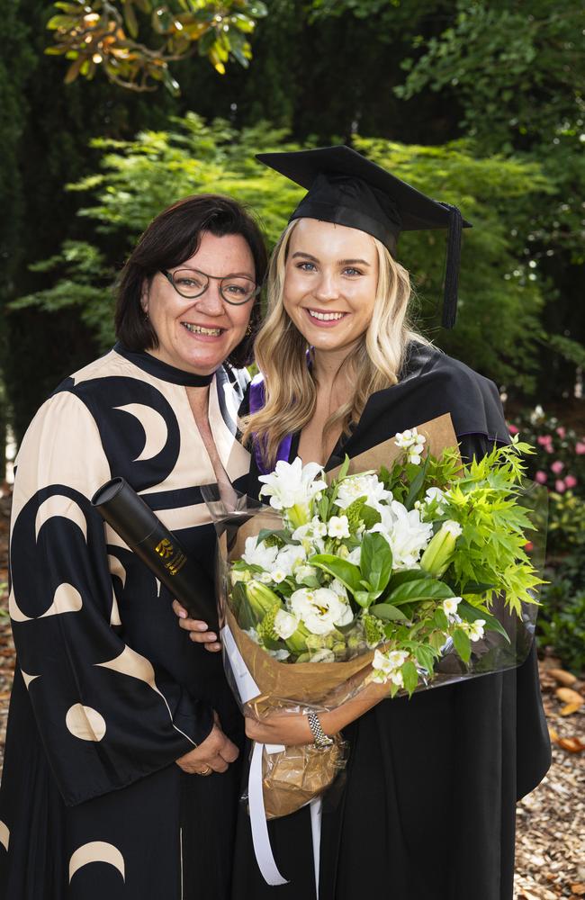 Sharon van der Wal congratulates daughter Freya van der Wal on her Juris Doctor graduation at a UniSQ graduation ceremony at The Empire, Wednesday, October 30, 2024. Picture: Kevin Farmer