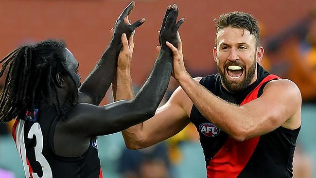 Cale Hooker (right) and Anthony McDonald-Tipungwuti celebrate an Essendon goal against Hawthorn on Thursday night. Picture: Mark Brake/Getty Images