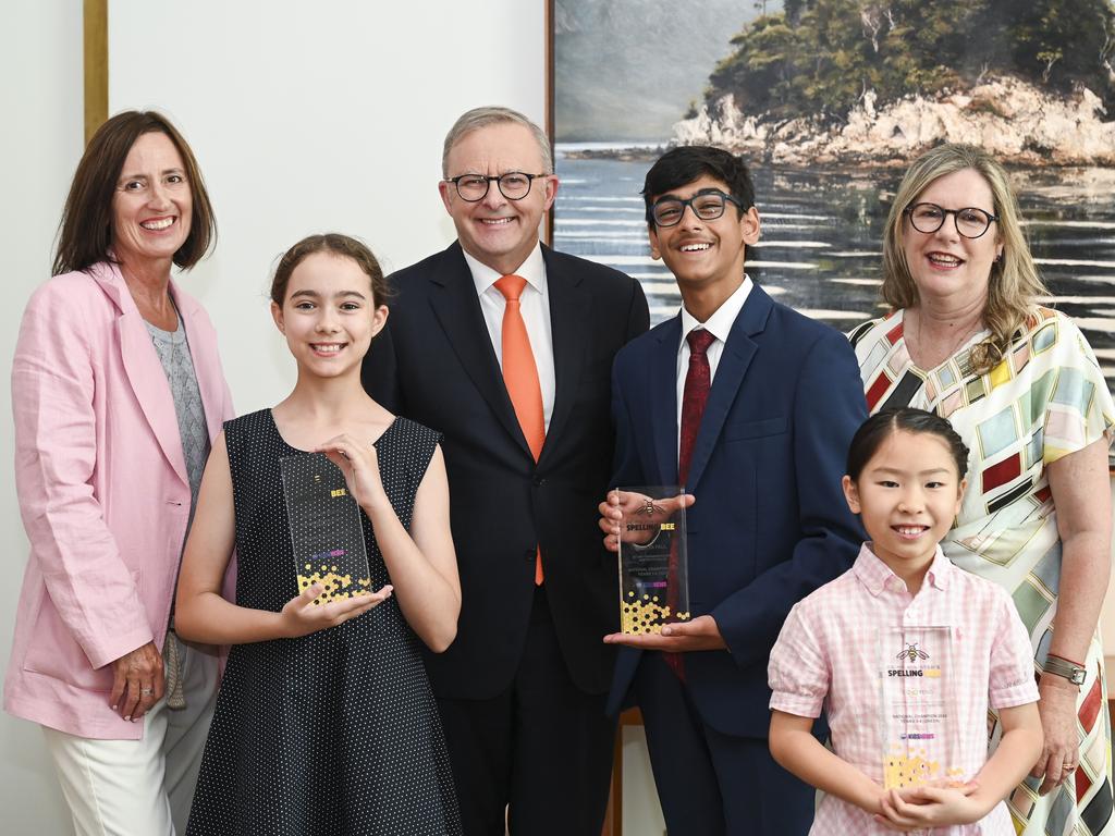 CANBERRA, AUSTRALIA - NewsWire Photos - November 25, 2024: National Champions of the 2024 Prime Ministers Spelling Bee.  L-R  Journalist and editor Diana Jenkins, Orange level champion (Years 5-6) category Jillian Strong, Prime Minister Anthony Albanese, Red level (Years 7-8) National Champion Aditya Paul, Green level champion (Years 3-4) category Echo Feng and News Corp Australia's Community Ambassador Penny Fowler in the Prime Minister's office at Parliament House in Canberra. Picture: NewsWire / Martin Ollman