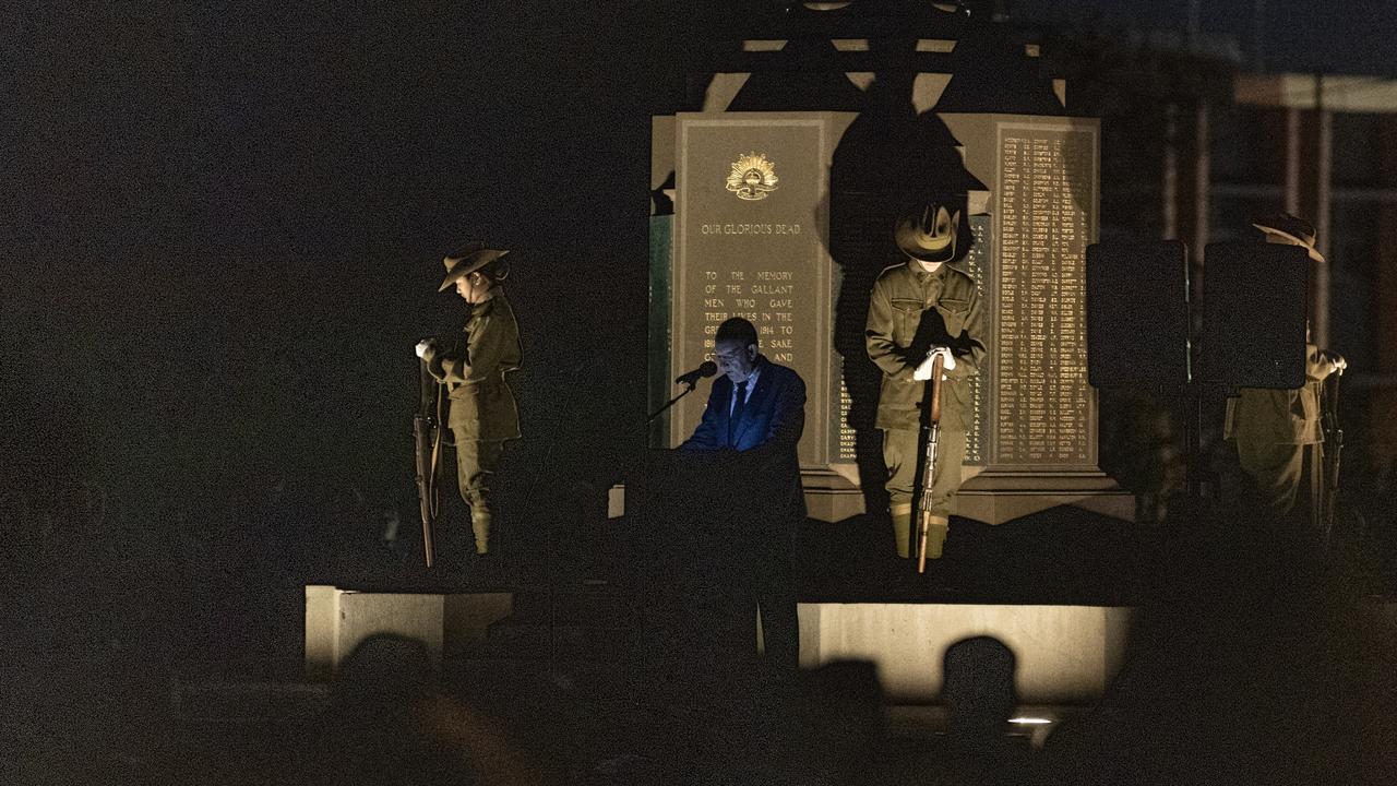 Toowoomba's Anzac Day Dawn Service master of ceremonies Graham Healey as the Vigil is held by members of the Toowoomba Grammar School Honour Guard at the Mothers' Memorial, Thursday, April 25, 2024. Picture: Kevin Farmer