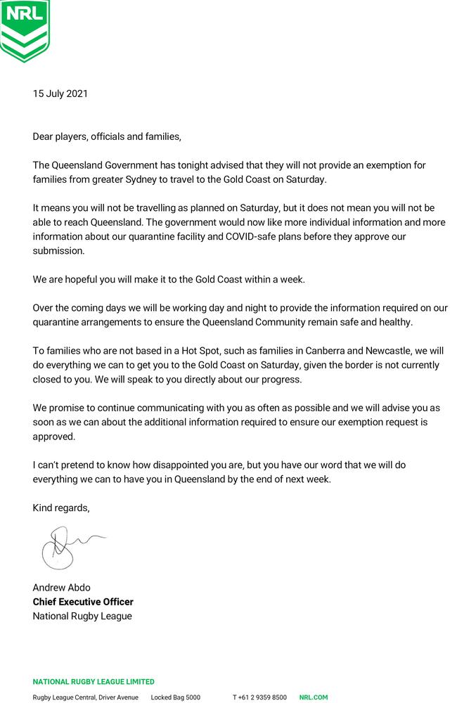 The letter from NRL boss Andrew Abdo to families.