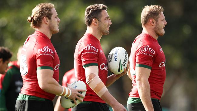 George Burgess, Sam Burgess and Tom Burgess at Rabbitohs raining session back in 2018.