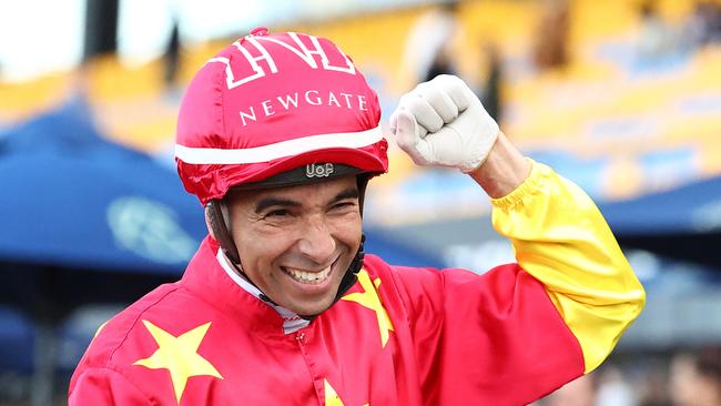 SYDNEY, AUSTRALIA - SEPTEMBER 23: Joao Moreira riding Militarize wins Race 8 KIA Golden Rose during "Kia Golden Rose Day" - Sydney Racing at Rosehill Gardens on September 23, 2023 in Sydney, Australia. (Photo by Jeremy Ng/Getty Images)