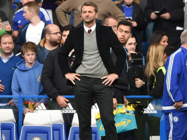 Aston Villa’s underpressure manager Tim Sherwood looks dejected after losing to Chelsea.