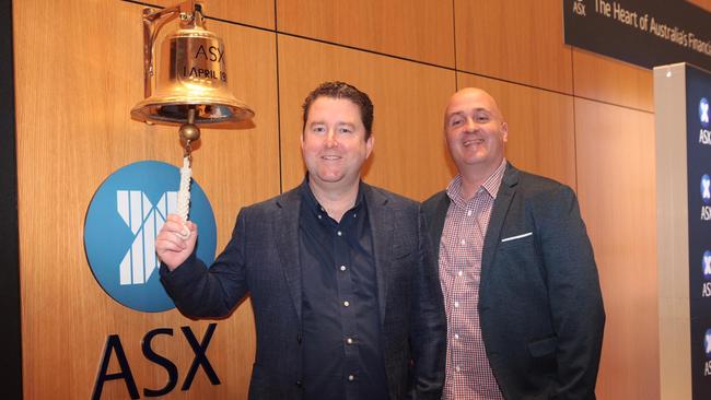 Swoop chairman James Spenceley and CEO Alex West at the listing on Thursday. Picture: Supplied