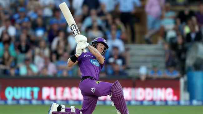 Short blasts another six into the stands at the Adelaide Oval. (Photo by James Elsby/Getty Images)