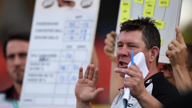 St Kilda coach Brett Ratten speaks to his players during the game against Fremantle. Picture: Matt Roberts/AFL Photos/via Getty Images