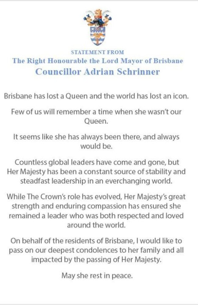 Brisbane Lord Mayor Adrian Schrinner shares his condolences for Queen Elizabeth II’s passing.