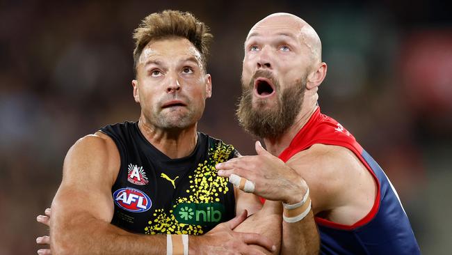 MELBOURNE, AUSTRALIA - APRIL 24: Toby Nankervis of the Tigers and Max Gawn of the Demons compete for the ball during the 2024 AFL Round 07 match between the Richmond Tigers and the Melbourne Demons at the Melbourne Cricket Ground on April 24, 2024 in Melbourne, Australia. (Photo by Michael Willson/AFL Photos via Getty Images)