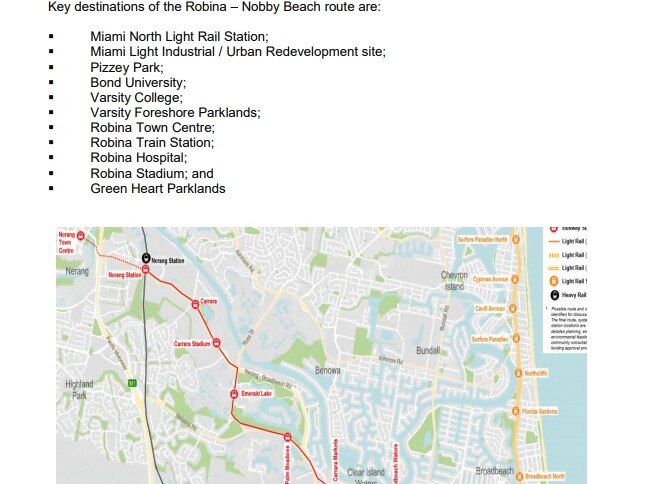 Key destinations on a proposed east-west bus link for the Gold Coast.