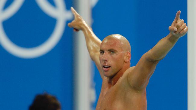 Hackett celebrates his win in the men’s 1500m freestyle final at the Athens 2004 Olympic Games. Picture: AAP Image