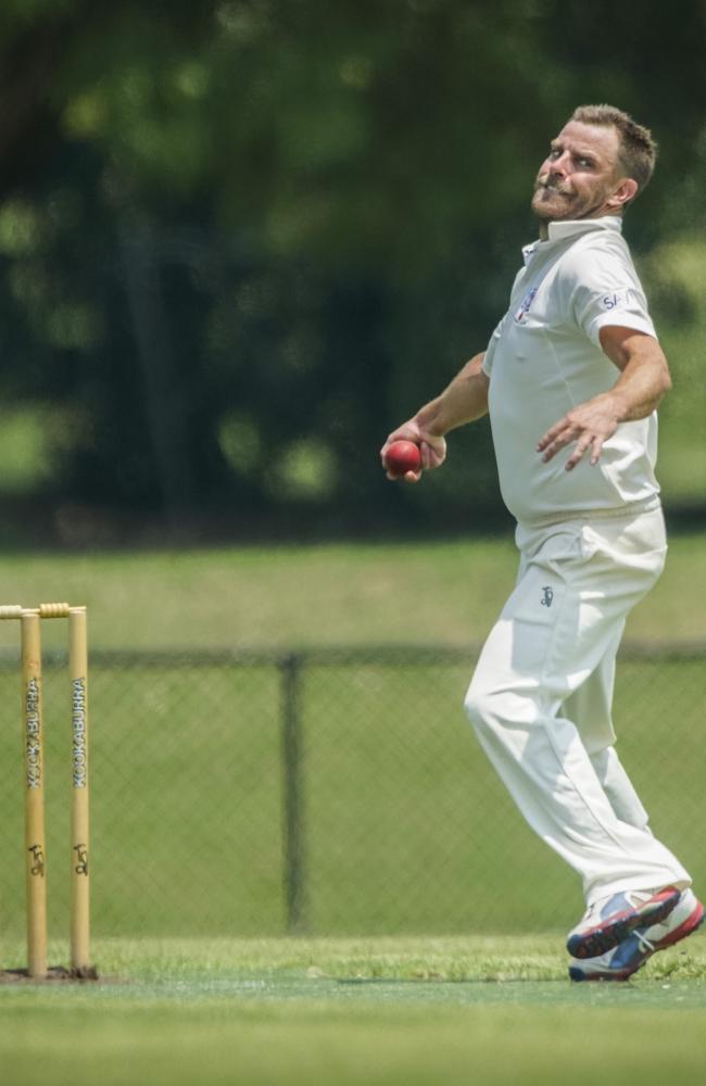 Rob Birnie sends down a fizzing leg-spinner. He is Mt Martha’s new coach.