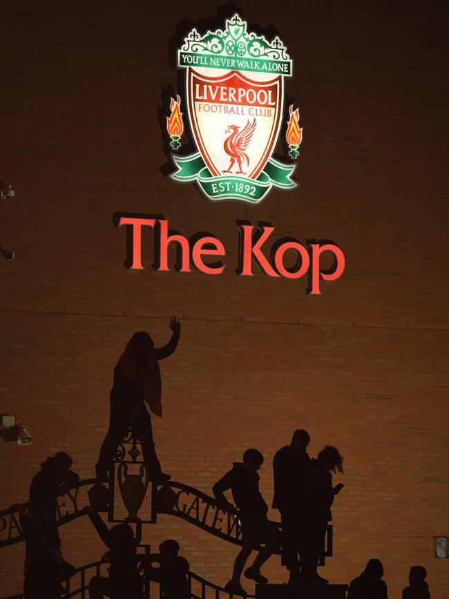 Liverpool fans celebrate outside Anfield. Picture: AFP