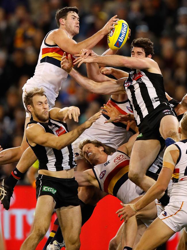 Mitch McGovern takes the big mark that helped the Crows steal a draw from Collingwood last year. Picture: Michael Willson/AFL Media/Getty Images