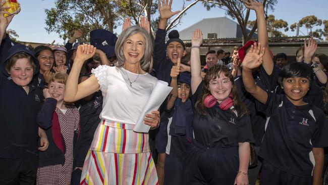 Professor Nicola Spurrier with students at The Heights School, Modbury Heights earlier this month. Picture: NCA NewsWire / Naomi Jellicoe