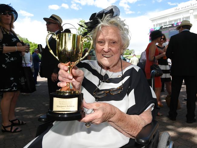 Margaret Bellden has been attending Melbourne Cups since 1950. Picture: Jake Nowakowski