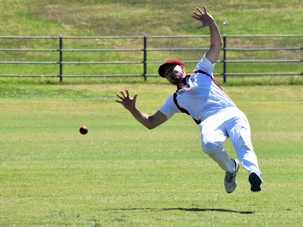 Clarence River captain Jake Kroehnert misjudges a Troy Turner sky ball at mid on in the North Coast Cricket Council North Coast Premier League One-Day clash between Clarence River and Harwood at McKittrick Park on Sunday, 15th November, 2020. Photo Bill North / The Daily Examiner