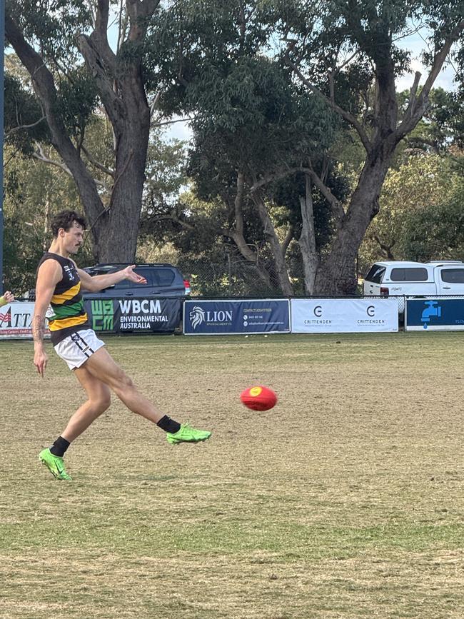 Luke Oborn takes a kick for Dromana on Saturday. Picture: Simon McEvoy