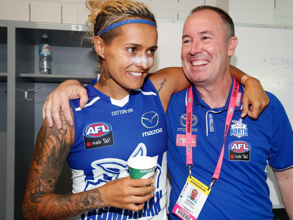 Kangaroos star Moana Hope celebrates with senior coach Scott Gowans. Picture: Adam Trafford/AFL Media/Getty Images