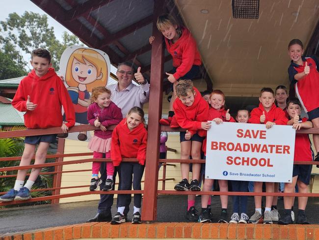 Broadwater Public School children with Clarence MP Richie Williamson outside their flood damaged school that has just been granted their development application to rebuild after months of campaigning to return there. Picture: Supplied