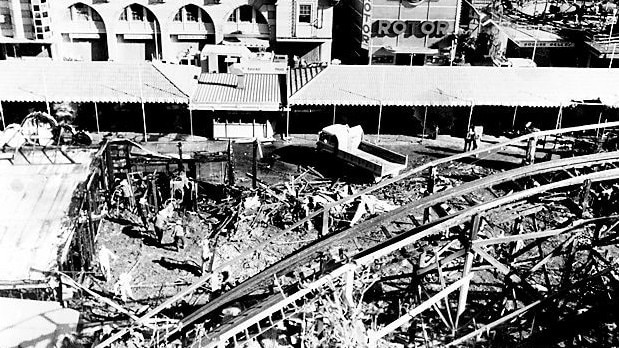 An aerial view of the damage following the fire on the Ghost Train ride at Luna Park in Sydney.