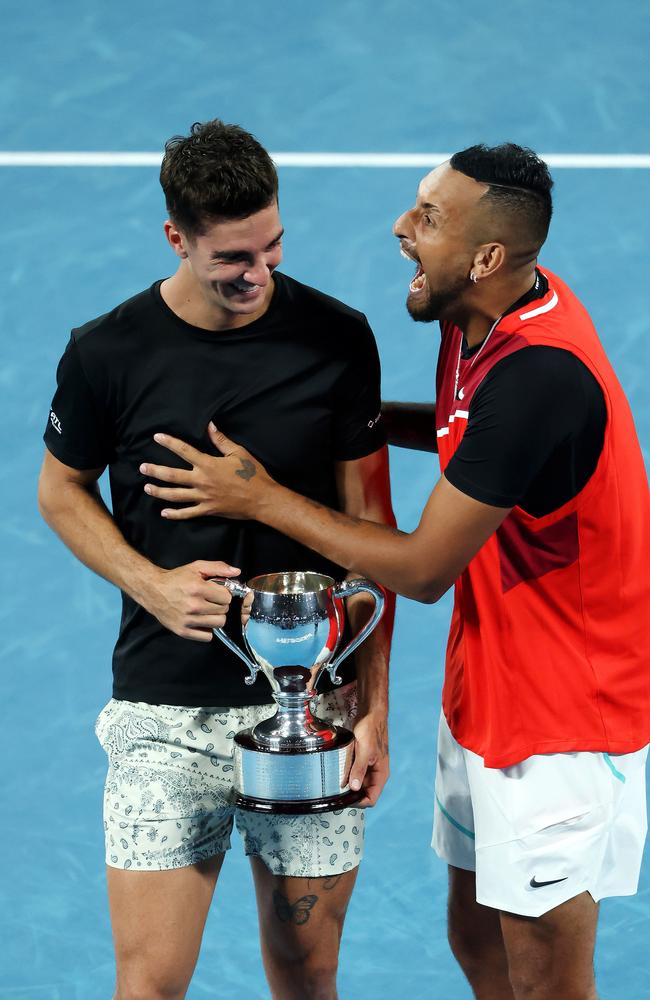 Nick Kyrgios and Thanasi Kokkinakis celebrate their win against Matthew Ebden and Max Purcell during the mens doubles final in the 2022 Australian Open. Picture: Mark Stewart