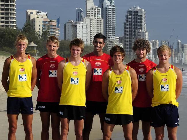 Gold Coast Football Club players go through a training session for their Bronze Medallions at the Kurrawa Surf Club. The Victorian members of the Gold Coasts 17-year-old picks from left to right Matt Shaw, Trent McKenzie, Piers Flanagan, Tom Nicholls, Taylor Hine, Jack Hutchins and Josh Toy
