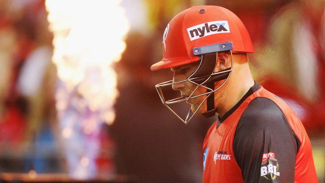 Aaron Finch focuses during a match between the Melbourne Renegades and the Brisbane Heat.