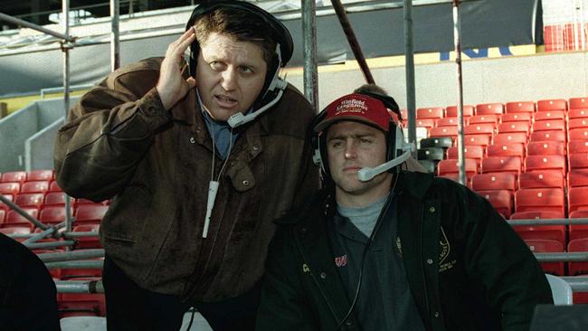 Ray Hadley and Billy Moore call the England v Wales game at Old Trafford in Manchester, England during the 1995 Rugby League World Cup. Picture: Rob Cox