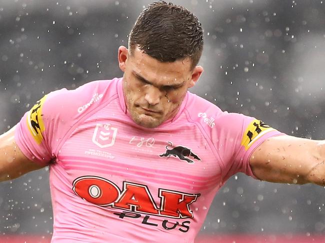 SYDNEY, AUSTRALIA - MARCH 20: Nathan Cleary of the Panthers kicks during the round two NRL match between the Canterbury Bulldogs and the Penrith Panthers at Bankwest Stadium, on March 20, 2021, in Sydney, Australia. (Photo by Mark Kolbe/Getty Images)