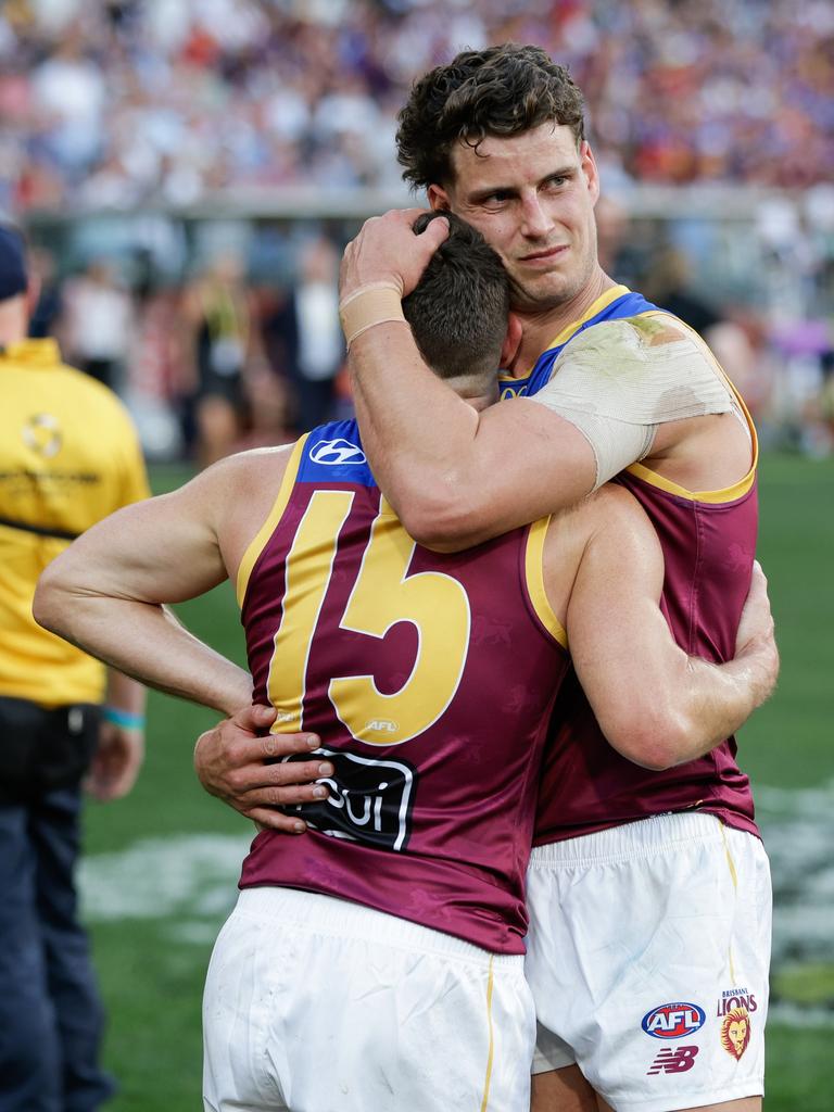 Dayne Zorko and Jarrod Berry of the Lions look dejected. Photo by Russell Freeman/AFL Photos via Getty Images.