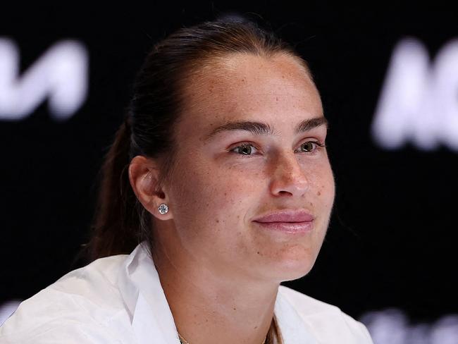 This hand out picture released by the Tennis Australia on January 10, 2025 shows Belarus' Aryna Sabalenka speaks at a press conference ahead of the Australian Open tennis tournament in Melbourne. (Photo by MORGAN HANCOCK / TENNIS AUSTRALIA / AFP) / ----EDITORS NOTE ----RESTRICTED TO EDITORIAL USE MANDATORY CREDIT "AFP PHOTO / TENNIS AUSTRALIA/ MORGAN HANCOCK â NO MARKETING NO ADVERTISING CAMPAIGNS - DISTRIBUTED AS A SERVICE TO CLIENTS