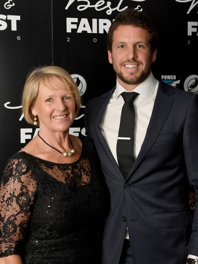 Chicki and Travis at the 2016 Port Adelaide best and fairest. Photo Naomi Jellicoe