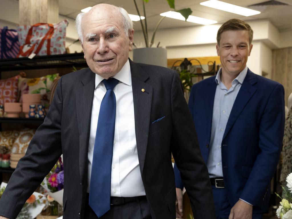 Former Australian Prime Minister John Howard on the campaign trail with the Member for Ryan Julian Simmonds at a local Kenmore shopping centre. Picture: Sarah Marshall