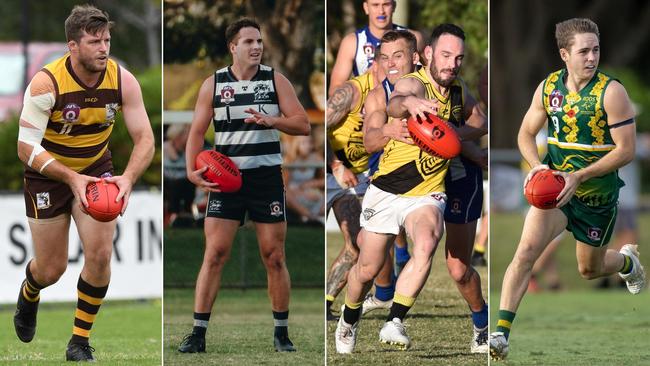 QAFL players Jackson Allen (Aspley), Brandon Chadwick (Broadbeach), Matt Lee (Labrador) and Jackson Bury (Maroochydore). Pictures: Highflyer Images, Brooke Sleep Media and Aussie Active.