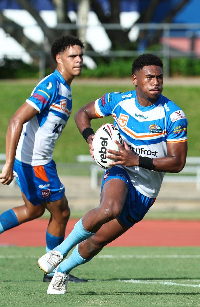 Pride's Davidson Benioni finds a turn of speed in the Mal Meninga Cup Under 19 men's Queensland Rugby League match between the Northern Pride and the Townsville Blackhawks, held at Barlow Park. Picture: Brendan Radke