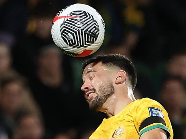 PERTH, AUSTRALIA - JUNE 11: Apostolos Stamatelopoulos of Australia in action during the Second Round FIFA World Cup 2026 Qualifier match between Australia Socceroos and Palestine at HBF Park on June 11, 2024 in Perth, Australia. (Photo by Paul Kane/Getty Images)