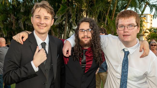 Michael Barker, Michael Duffy and Billy Read at the Mackay Northern Beaches State High School Senior Formal Class of 2022 held at Mantra Mackay Marina. Picture: Michaela Harlow