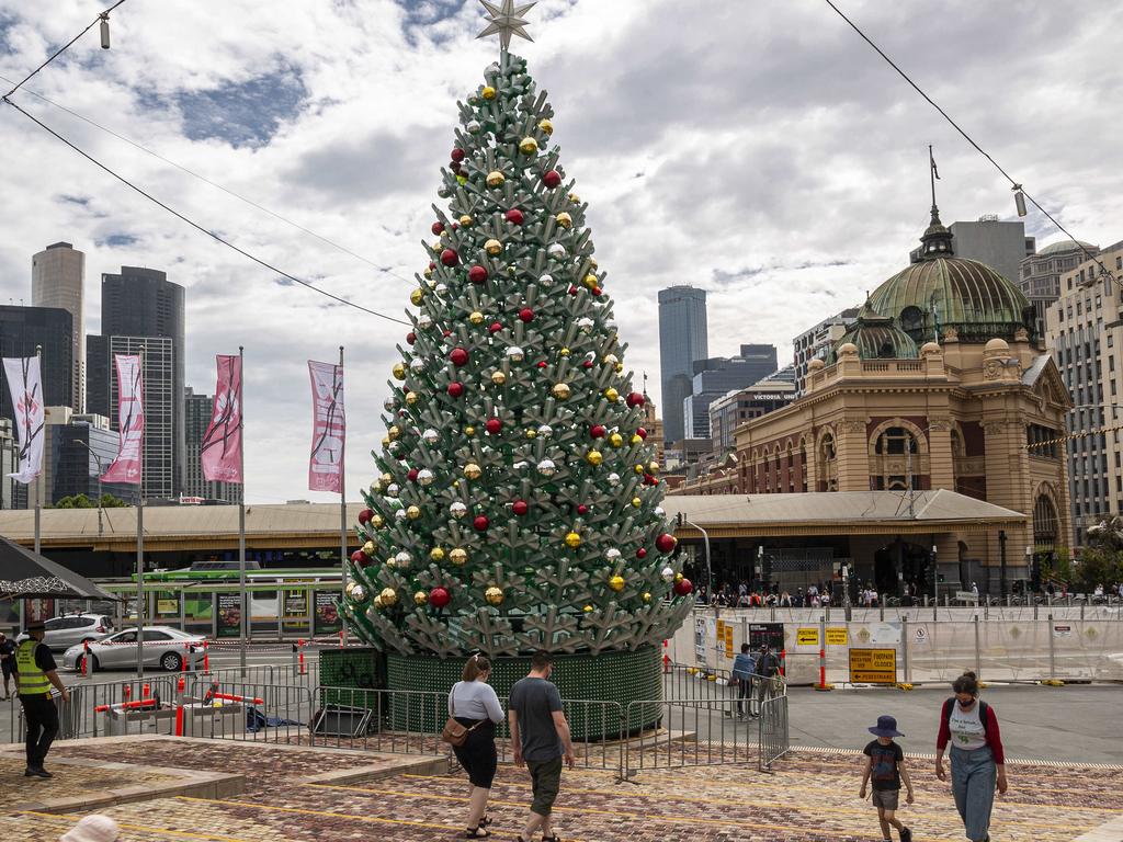 MELBOURNE, AUSTRALIA - NCA NewsWire Photos November 21, 2020:  A Christmas tree is seen being set up at Federation Square in Melbourne, Victoria. Picture: NCA NewsWire / Daniel Pockett